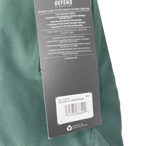 Fox Racing Defend 3L Water Pant MTB Emerald Green Men's Waist 34 NEW NWT - Picture 7 of 8